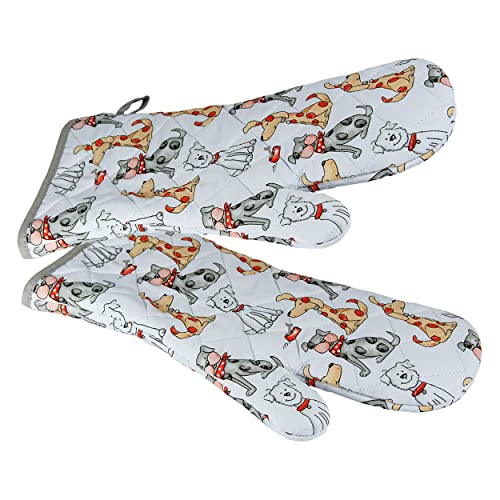 SPOTTED DOG GIFT COMPANY - 2 Set Hitzebeständig Lange Ofenhandschuhe Verdickte Hitzeresistente Topflappen Backhandschuhe aus Qualitäts Weiß Baumwolle mit Süß Hund-Motiv für Hundeliebhaber Geschenk von SPOTTED DOG GIFT COMPANY