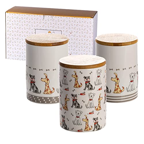 SPOTTED DOG GIFT COMPANY - Keramik-Vorratsdosen mit Holzdeckel - mit Hunde-Motiv - Aufbewahrungsdosen für Hundeliebhaber und Hundebesitzer - tolle Küchendeko - groß - 1,2 l - 3er-Set von SPOTTED DOG GIFT COMPANY