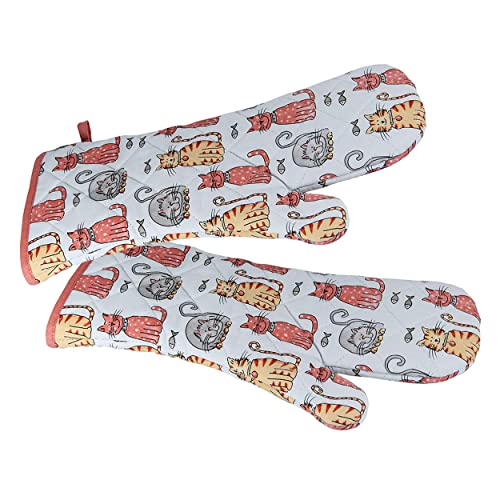 SPOTTED DOG GIFT COMPANY - 2 Set (Paar) Hitzebeständig Lange Ofenhandschuhe Hitzeresistente Topflappen Backhandschuhe aus Qualitäts Weiß Baumwolle mit Süß Katzen Tier Design für Katze Geschenk Ideen von SPOTTED DOG GIFT COMPANY