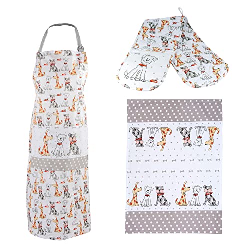 SPOTTED DOG GIFT COMPANY 3er Set - Abtrockentücher Küche, Küchenschürze und doppelter Ofenhandschuhe Hitzebestaendig, Baumwolle mit Hunde Motiv, Geschenk für Hundeliebhaber Frau Männer Hundebesitzer von SPOTTED DOG GIFT COMPANY