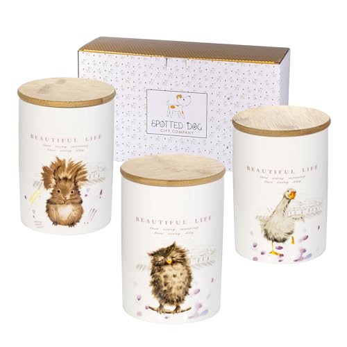 SPOTTED DOG GIFT COMPANY 3er Set Vorratsdosen Keramik mit Deckel, Vorratsdosen Set, Teedose Keramikdose, Kaffeedose, Aufbewahrungsbox mit Bambus-Deckel, Vorratsdose für Tee Kaffee Zucker, Tier Motiv von SPOTTED DOG GIFT COMPANY