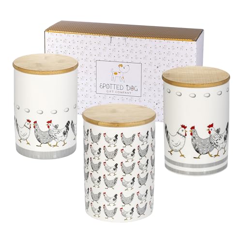 SPOTTED DOG GIFT COMPANY 3er Set Vorratsdosen Keramik mit Deckel, Vorratsdosen Set, Teedose Keramikdose, Kaffeedose, Aufbewahrungsbox mit Bambus-Deckel, Vorratsdose für Tee Kaffee Zucker Hühner Motiv SPOTTED DOG GIFT COMPANY 3er Set Vorratsdosen Keramik mit Deckel, Vorratsdosen Set, Teedose Keramikdose, Kaffeedose, Aufbewahrungsbox mit Bambus-Deckel, Vorratsdose für Tee Kaffee Zucker Hühner Motiv von SPOTTED DOG GIFT COMPANY