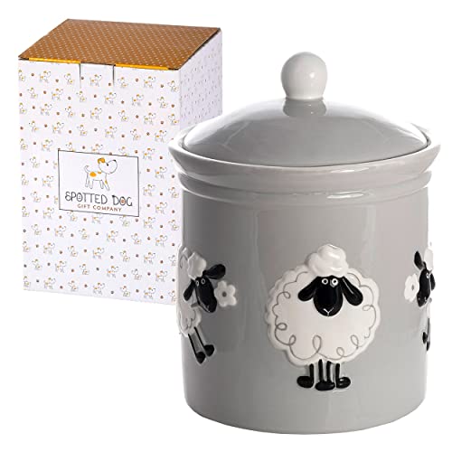 SPOTTED DOG GIFT COMPANY - Keramik-Vorratsdose Aufbewahrungsdose Küchenbehälter mit Deckel - mit Schaf-Motiv für die Küche, Geschenk für Tierliebhaber und Schafliebhaber- Grau - 1,25 Liter von SPOTTED DOG GIFT COMPANY