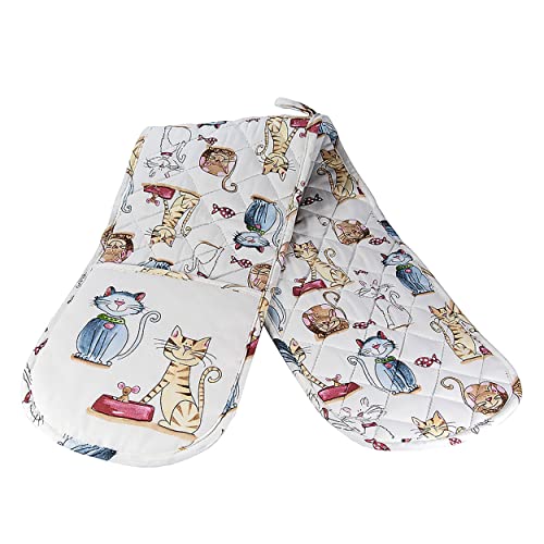 SPOTTED DOG GIFT COMPANY - Doppelte Ofenhandschuhe Hitzebeständig Topflappen Backhandschuhe aus qualitäts weiß Baumwolle mit niedliches Katze Motiv, Geschenk für Katzenliebhaber e Katzenfreunde von SPOTTED DOG GIFT COMPANY