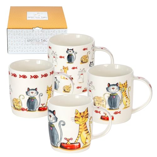 SPOTTED DOG GIFT COMPANY Katzentasse 4er Tassenset 350ml Porzellan – Süße Kaffeetassen & Kaffeebecher mit Katzen-Motiven | Geschenk für Katzenliebhaber, Frauen & Männer von SPOTTED DOG GIFT COMPANY