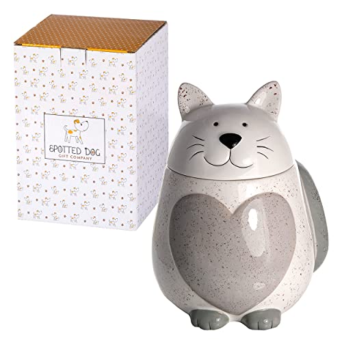 SPOTTED DOG GIFT COMPANY - Keksdose aus Keramik Vorratsdose in Katzen-Form - mit Deckel und Herz-Motiv - Geschenkidee für Katzenliebhaber und Katzenfreunde von SPOTTED DOG GIFT COMPANY