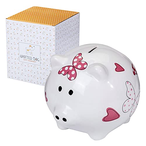 SPOTTED DOG GIFT COMPANY Sparschwein aus Keramik, Groß Spardose Kinder mit Schweinmotiv für Mädchen Erwachsene, Niedliche Sparbüchse, Geschenke für Tierliebhaber, Herzen von SPOTTED DOG GIFT COMPANY