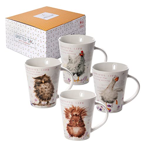 SPOTTED DOG GIFT COMPANY - Kaffeetassen mit schönen Tier-Motiven - Kaffeebecher aus Keramik - mit Eulen-, Eichhörnchen-, Gans- und Hühner-Motiven - Geschenk für Tierliebhaber - 4er-Set von SPOTTED DOG GIFT COMPANY