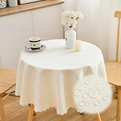 SPRICA Cremeweiß Runde Jacquard-Tischdecke Rund 120cm Durchmesser, wasserabweisend, einfarbig, schwere & weiche Qualität, Wasserfluss-Musterdesign, maschinenwachbar von SPRICA