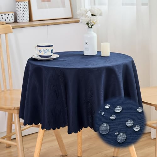 SPRICA Marineblau Runde Jacquard-Tischdecke Rund 120cm Durchmesser, wasserabweisend, einfarbig, schwere & weiche Qualität, Wasserfluss-Musterdesign, maschinenwachbar von SPRICA