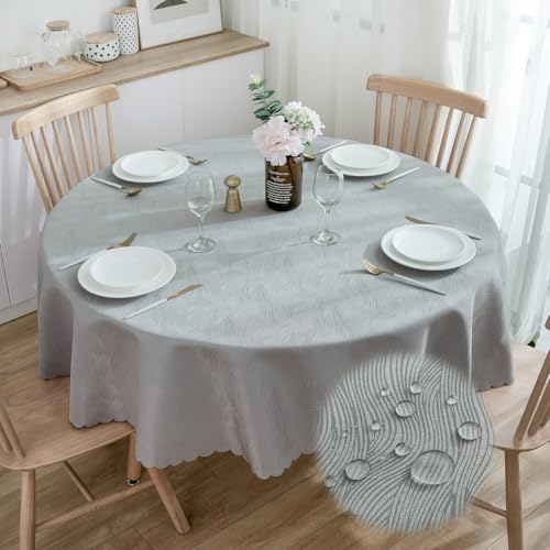 SPRICA Mittelgrau Runde Jacquard-Tischdecke Rund 200cm Durchmesser, wasserabweisend, einfarbig, schwere & weiche Qualität, Wasserfluss-Musterdesign, maschinenwachbar von SPRICA