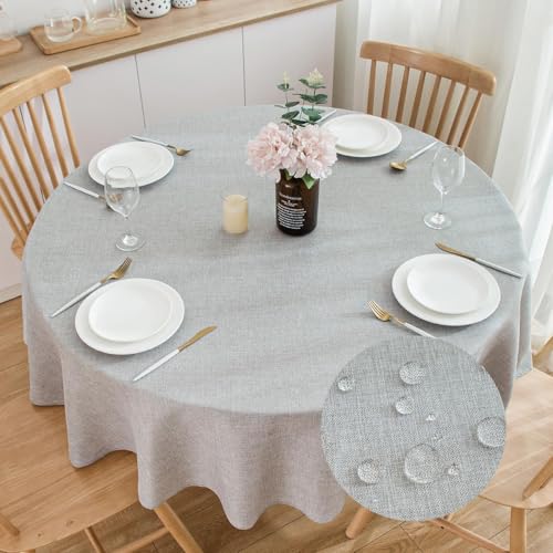SPRICA Runde Tischdecke 200 cm Durchmesser Wasserabweisend mit Leinenstruktur, Fleckenabweisend, Abwischbar, Einfarbige Kreisabdeckung, Hellgrau von SPRICA