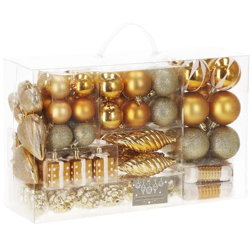 SPRINGOS Baumkugeln-Set 72 Stück. Gold Verschiedene Formen Baumschmuck Weihnachten Weihnachtsdeko mit Wintermotiven von SPRINGOS