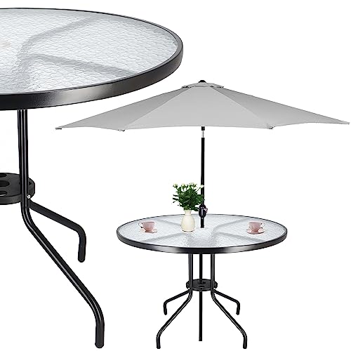 SPRINGOS Bistrotisch Metalltisch mit Glasplatte Gartentisch mit Schirmloch Beistelltisch für Innen- und Außenbereich von SPRINGOS
