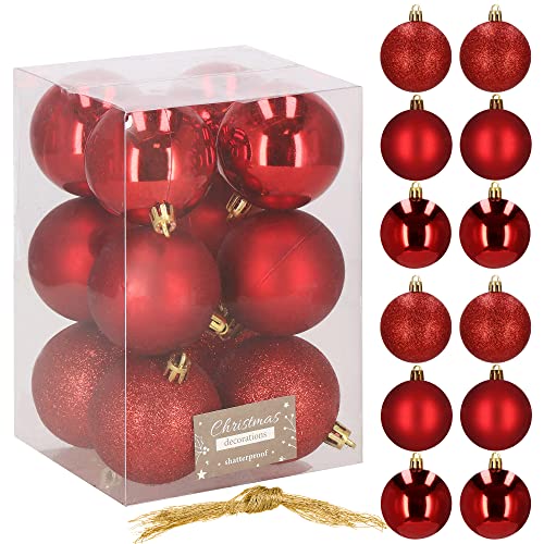 SPRINGOS Christbaumkugeln Kunstkugeln 12 Stück bruchsicher Weihnachtskugel Glitzer Matt Glanz Weihnachtsdeko Weihnachten (Rot). von SPRINGOS