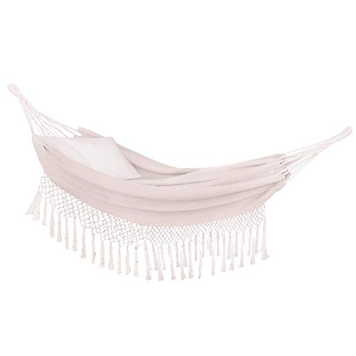 SPRINGOS Doppel-Hängematte mit Fransen inkl. 2 Kissen Bohemian-Stil Ausmaß: 200 x 150 cm Garten-Hängematte klassisches Design (Creme) von SPRINGOS