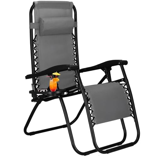 SPRINGOS Gartenliege Strandstuhl Klappbar Zero Gravity Relaxstuhl mit Kopfstütze, Ablage für Getränke und Positionsverstellung von SPRINGOS