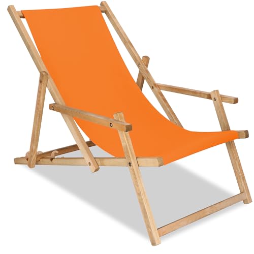 SPRINGOS Gartenliege aus Buchenholz - 3-Stufige Verstellbarkeit, Orange Stoffbespannung, Robustes Holzgestell, Imprägniert, Belastung bis 120 kg - Ideal für Garten, Balkon und Strände von SPRINGOS