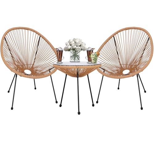 SPRINGOS Acapulco Gartenstühle 2er-Set inkl. Glastisch wetterfest Rattan Lounge Gartenmöbel Set Balkonstuhl rundes Design Terrasse Outdoor Loungechair von SPRINGOS
