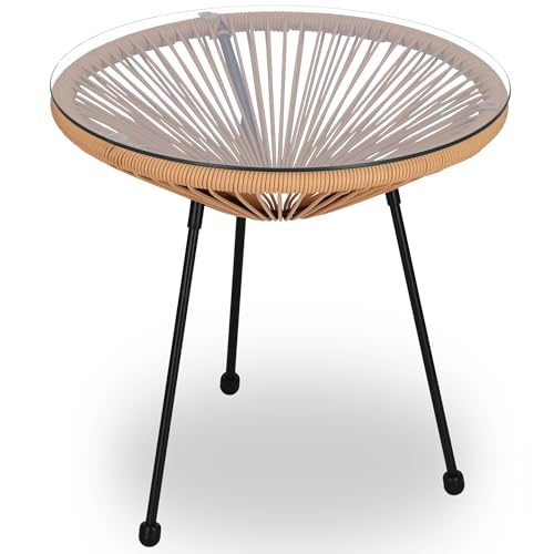 SPRINGOS Gartenmöbel Set Acapulco 2 Stühle & Kaffeetisch 50 cm Rund, Beige Schwarz, PE-Rattan Metall Glas gehärtet, wetterfest, UV-beständig, modernes Design für Terrasse und Balkon, einfache Montage von SPRINGOS