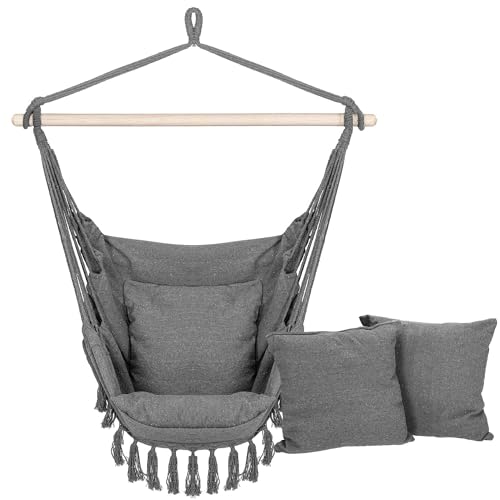 Springos Brasilianischer Hängesessel Grau mit 2 Kissen, Baumwolle/Polyester, Holzgestell, belastbar bis 150 kg, Seitentasche, bequemes Hängestuhl-Boho-Design für Garten, Terrasse und Innenräume von SPRINGOS