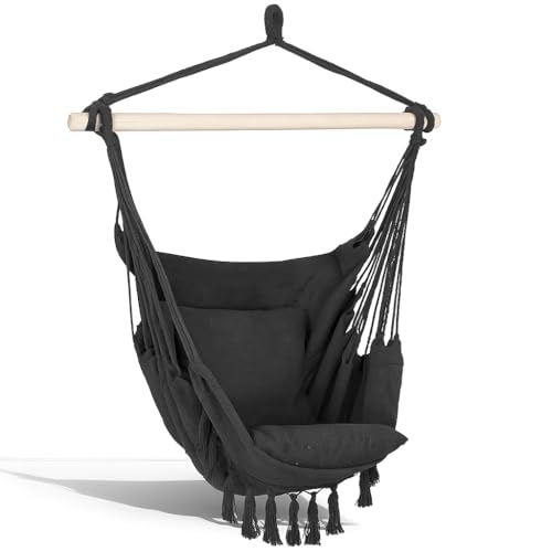 Springos Brasilianischer Hängesessel mit Kissen 150 kg belastbar, Boho Schaukelstuhl aus Baumwolle/Polyester mit Holzgestell, dunkelgrau, seitliche Tasche, ideal für Garten, Terrasse und Zuhause von SPRINGOS