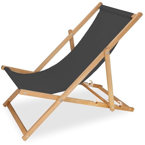 SPRINGOS Klappbarer Holz-Sonnenstuhl mit 3-Fach Verstellbarer Rückenlehne, Graphit, bis 120 kg – hochwertiger, Stabiler Liegestuhl für Garten, Balkon, Strand, mit Streifenmuster von SPRINGOS