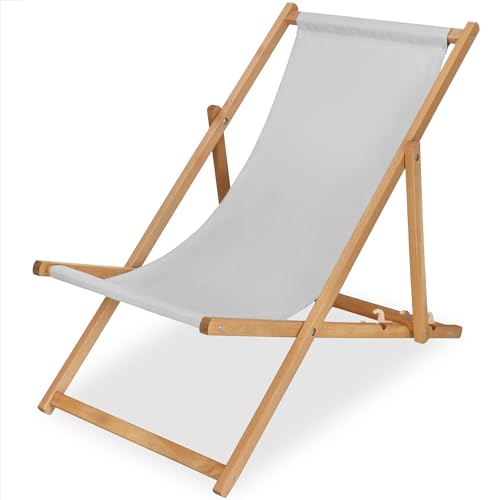 SPRINGOS Klappbarer Holz-Sonnenstuhl mit 3-Fach Verstellbarer Rückenlehne, Hellgrau, bis 120 kg – hochwertiger, Stabiler Liegestuhl für Garten, Balkon, Strand, mit Streifenmuster von SPRINGOS