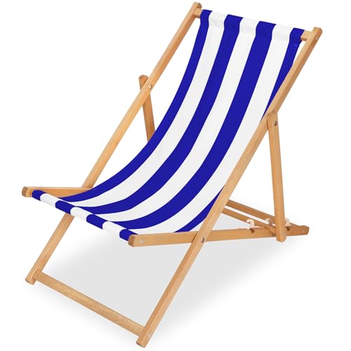 SPRINGOS Klappbarer Holz-Sonnenstuhl mit 3-Fach Verstellbarer Rückenlehne, Weiß und Blau, bis 120 kg – hochwertiger, Stabiler Liegestuhl für Garten, Balkon, Strand, mit Streifenmuster von SPRINGOS