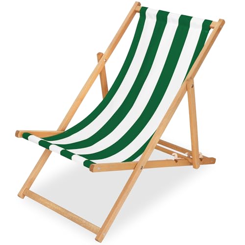 SPRINGOS Klappbarer Holz-Sonnenstuhl mit 3-Fach Verstellbarer Rückenlehne, Weiß und Grün, bis 120 kg – hochwertiger, Stabiler Liegestuhl für Garten, Balkon, Strand, mit Streifenmuster von SPRINGOS