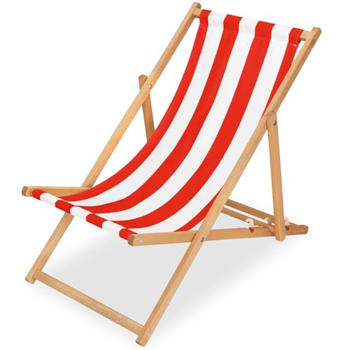SPRINGOS Klappbarer Holz-Sonnenstuhl mit 3-Fach Verstellbarer Rückenlehne, Weiß und Rot, bis 120 kg – hochwertiger, Stabiler Liegestuhl für Garten, Balkon, Strand, mit Streifenmuster von SPRINGOS