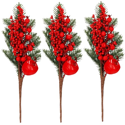 SPRINGOS Künstliche Dekozweige Winterzweige 3 STK. 32 cm Rote Vogelbeeren Apfel Weihnachtsdekoration Gestecke von SPRINGOS