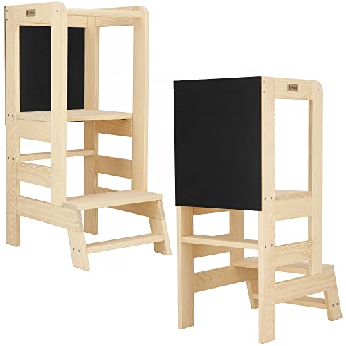 SPRINGOS Lernturm mit Tafel für Montessori-Haus 90 cm Massivholz Treppenhochstuhl mit Plattform Natural, Board von SPRINGOS