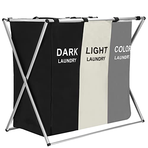 Springos Wäschekorb Organizer 146L, 3 Fächer XL, faltbar, Aluminiumrahmen, robuste Polyester-Kompartimente mit Zugband, ideal für Wäschetrennung und platzsparende Aufbewahrung von SPRINGOS
