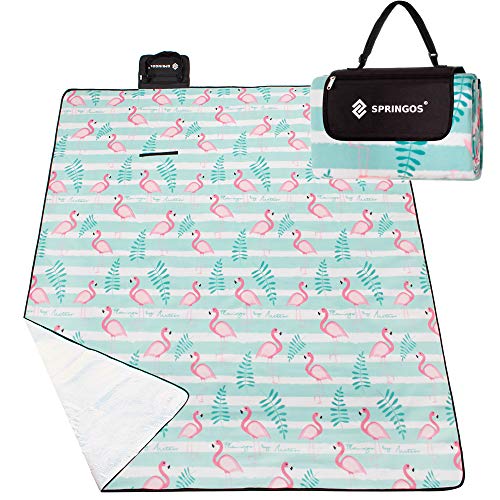SPRINGOS Picknickdecke 200 x 200 cm Flamingos Tragegurt mit Reißverschlusstasche Matte Sitzunterlage Outdoor Autodecke Strandtuch von SPRINGOS