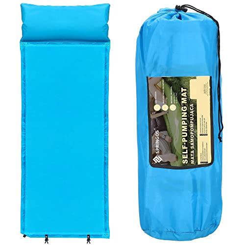 SPRINGOS Selbstaufblasende Isomatte mit Kissen für eine Person Ventil 53 x 186 cm Liegefläche mit Komfortschaumkern Trekkingmatte Matte für Zelt Strand Festival Garten Campingbett von SPRINGOS