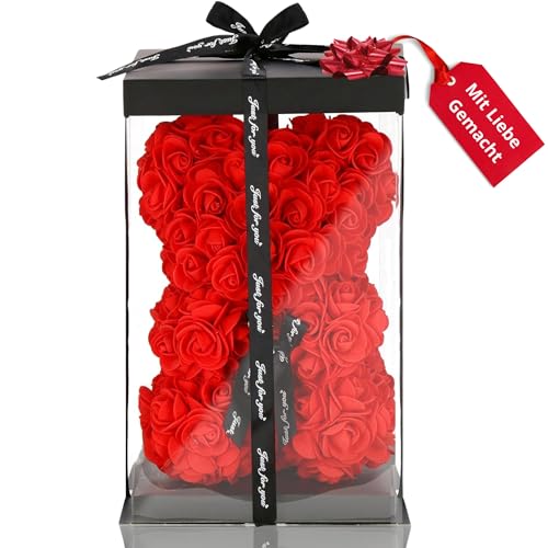 SPRINGOS Teddybär aus Rosen Rosenbär in Geschenkbox mit Schleife Kunstblumenfigur Höhe 25 cm rosenbär mit Herz rosenteddy bär von SPRINGOS