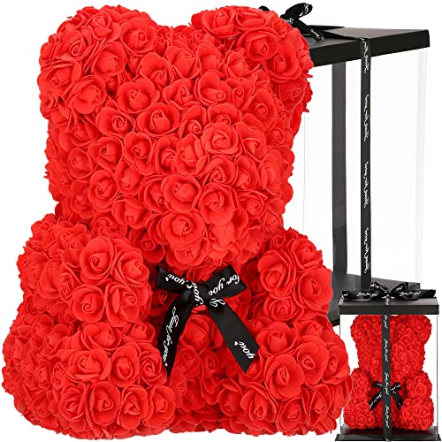 SPRINGOS Teddybär aus Rosen Rosenbär Geschenkbox mit Schleife Kunstblumenfigur Höhe 36 cm Geschenk für Mama Verlobung Geburtstagsgeschenk von SPRINGOS