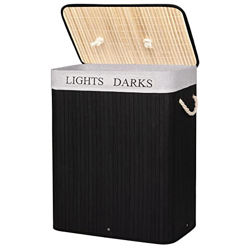 SPRINGOS Wäschekorb Wäschesammler aus Bambus mit Griffen 2 Fächer 100 L faltbar für Waschküche Badezimmer von SPRINGOS