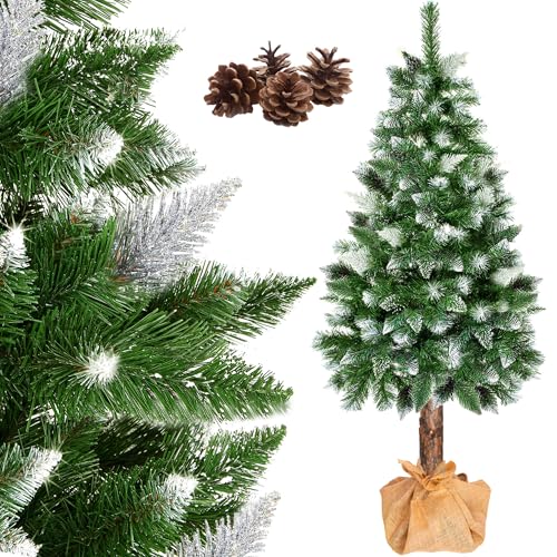 SPRINGOS Weihnachtsbaum mit Holzstamm Naturzapfen Kunstschnee 180 cm Diamant-Kiefer Künstlicher Christbaum Jutestoff Kunstbaum wie Echt Nachbildung der Kiefer von SPRINGOS