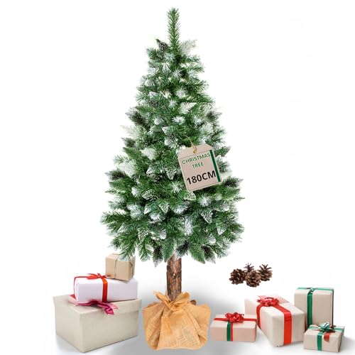 SPRINGOS Weihnachtsbaum mit Holzstamm Naturzapfen Kunstschnee 180 cm Diamant-Kiefer Künstlicher Christbaum Jutestoff Kunstbaum wie Echt Nachbildung der Kiefer von SPRINGOS