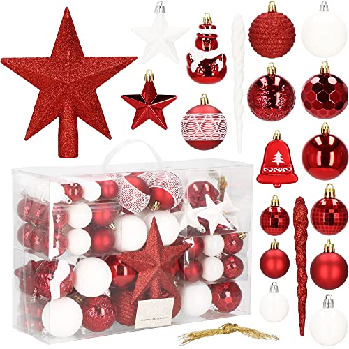 SPRINGOS Weihnachtsbaumkugeln 104 Stück inkl. Sternspitze Ornamente Rot Weiß Schneemann Weihnachtsbaumschmuck Weihnachten Tannenbaum von SPRINGOS