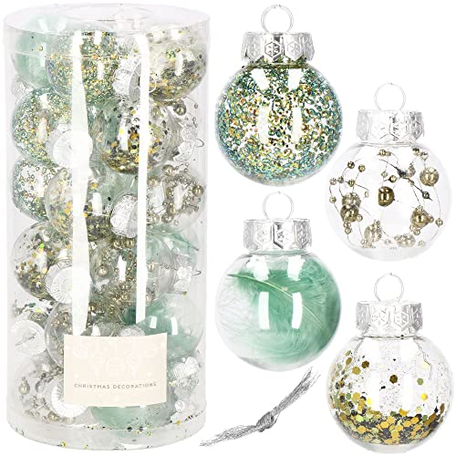 SPRINGOS Weihnachtsbaumkugeln aus Kunststoff mit Federn Konfetti 24 Stück. transparente Kugeln gefüllte Christbaumkugeln 4 Designs Weihnachten Party Hochzeiten von SPRINGOS