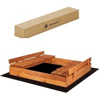 Sandkasten mit Sitzbank 140 cm x 140 cm Abdeckung Holz Imprägniert Kindersandkasten von SPRINGOS
