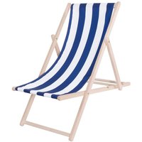 Springos - Klappbarer Strandliegestuhl aus Holz mit weiß-blauen Streifenstoff von SPRINGOS