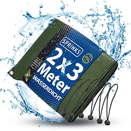 SPRINKS® Abdeckplane Premium 140 g/m² [2x3m] - Robuste Gewebeplane mit Ösen - Plane Wasserdicht und UV Beständig - Tarp Outdoor - Wetterfeste Allzweckplane inkl. 6 Planenspanner von SPRINKS