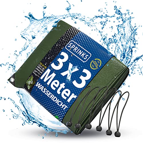 SPRINKS® Abdeckplane Professional 240 g/m² [3x3m] - Robuste Gewebeplane mit Ösen - Plane Wasserdicht und UV Beständig - Tarp Outdoor - Wetterfeste Allzweckplane inkl. 6 Plannenspanner von SPRINKS
