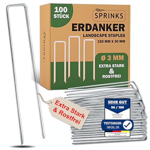 SPRINKS® Erdanker Heringe aus verstärktem Stahl [100 Stück] – Extra stabile Anti-Rost Bodenanker verzinkt für Unkrautvlies, Gartenvlies, Trampolin, Zaun, Zelte – Erdnägel 15 cm Lang, 3 cm Breit, Ø3mm von SPRINKS