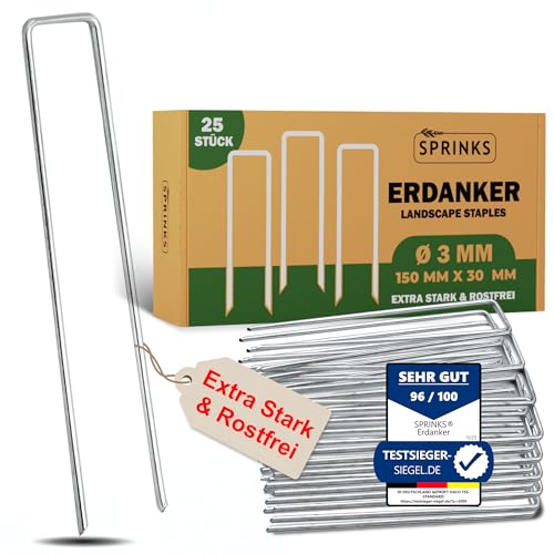 SPRINKS® Erdanker Heringe aus verstärktem Stahl [25 Stück] – Extra stabile Anti-Rost Bodenanker verzinkt für Unkrautvlies, Gartenvlies, Trampolin, Zaun, Zelte – Erdnägel 15 cm Lang, 3 cm Breit, Ø3 mm von SPRINKS