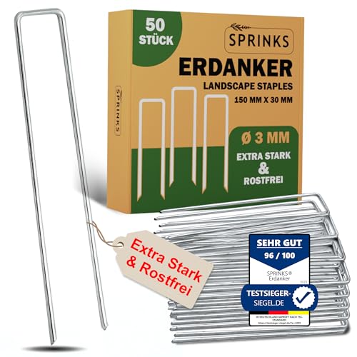 SPRINKS® Erdanker Heringe aus verstärktem Stahl [50 Stück] – Extra stabile Anti-Rost Bodenanker verzinkt für Unkrautvlies, Gartenvlies, Trampolin, Zaun, Zelte – Erdnägel 15 cm Lang, 3 cm Breit, Ø3 mm von SPRINKS